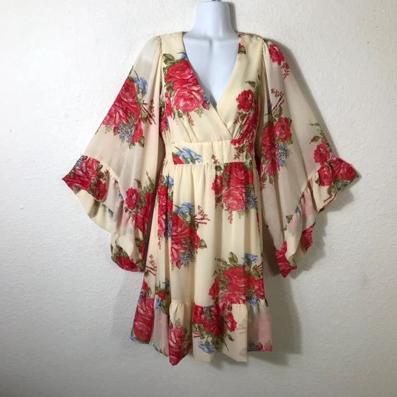 Like New- Betsey Johnson Bambi Dress Pink Floral Bohemian Chiffon Coquette Sz 8 - Picture 2 of 4